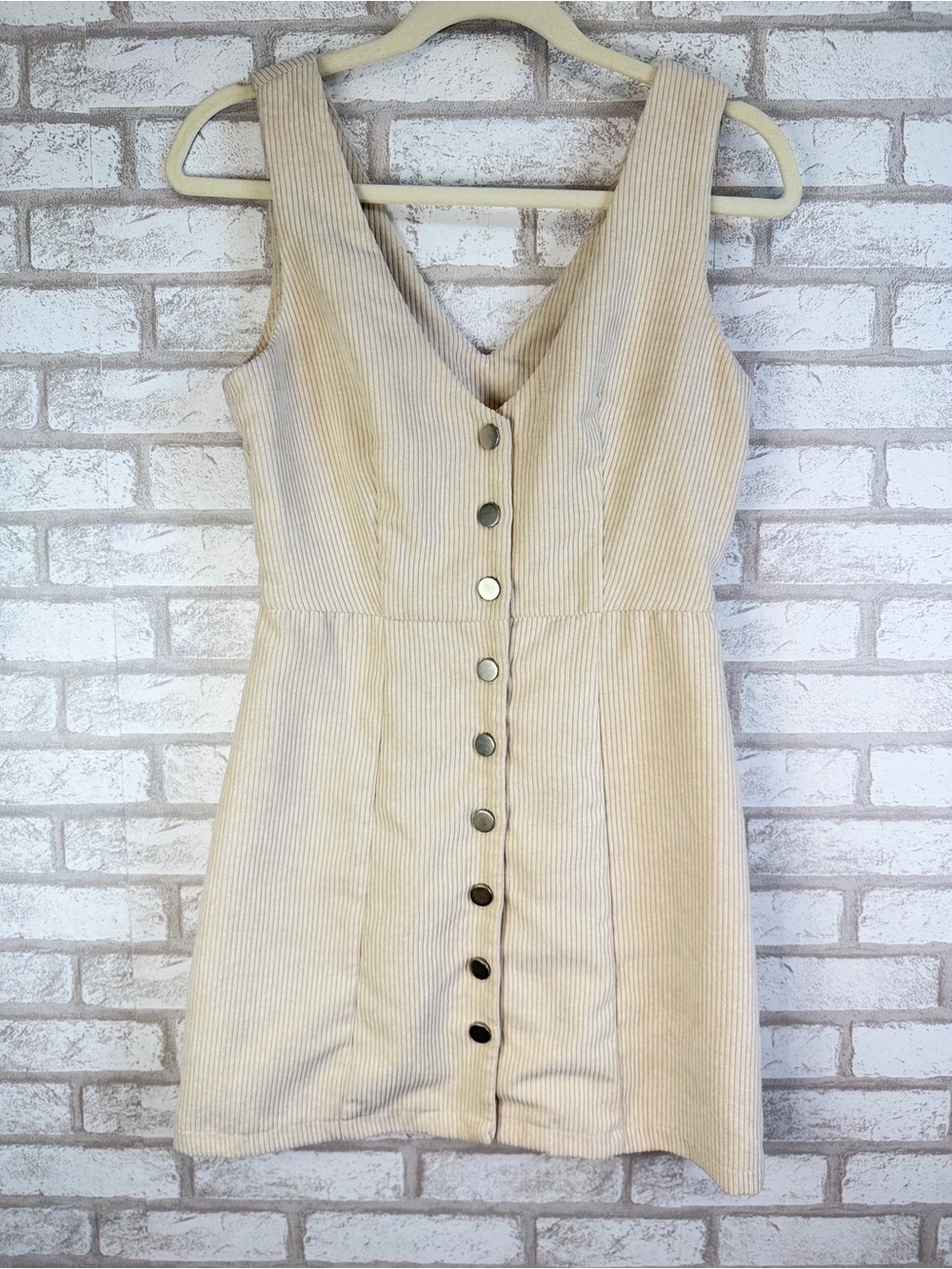 SHEIN Beige Corduroy Button-Front V-Neck Mini Dress